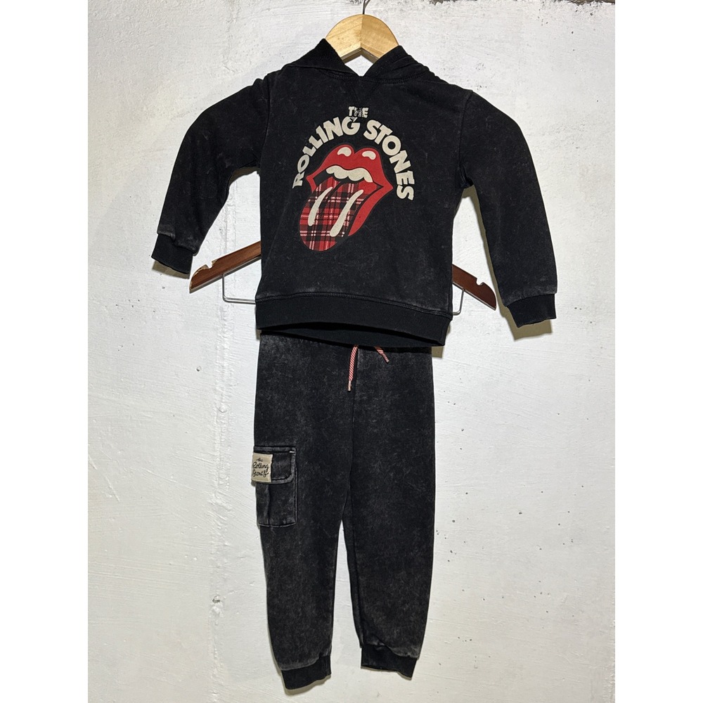 Rolling Stones Kids 3T Hoodie Jogger Set Black Acid Wash Tongue Logo Rock